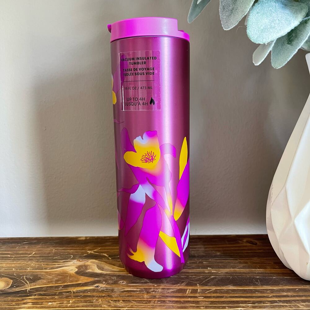 NWT Starbucks 2022 Purple Floral Stainless Steel Tumbler 16oz Travel Mug - Picture 2 of 3